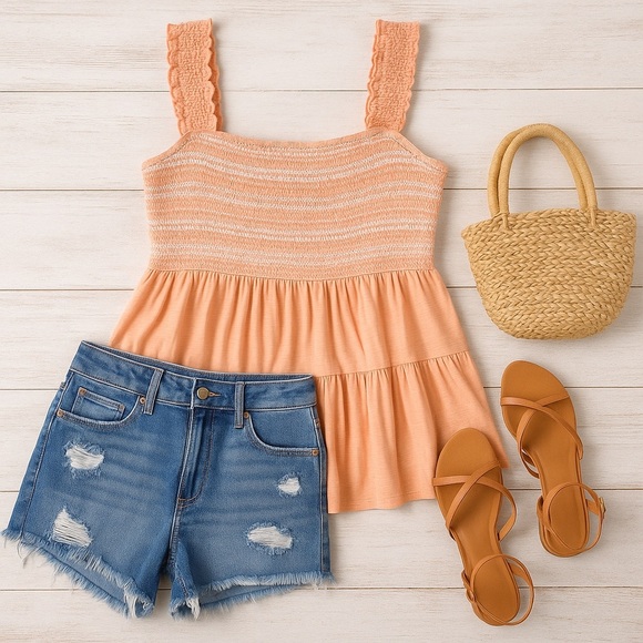 Torrid 4 Plus Smocked Babydoll Blouse Peach Ruffle Strap Cottagecore Festival - Picture 3 of 14